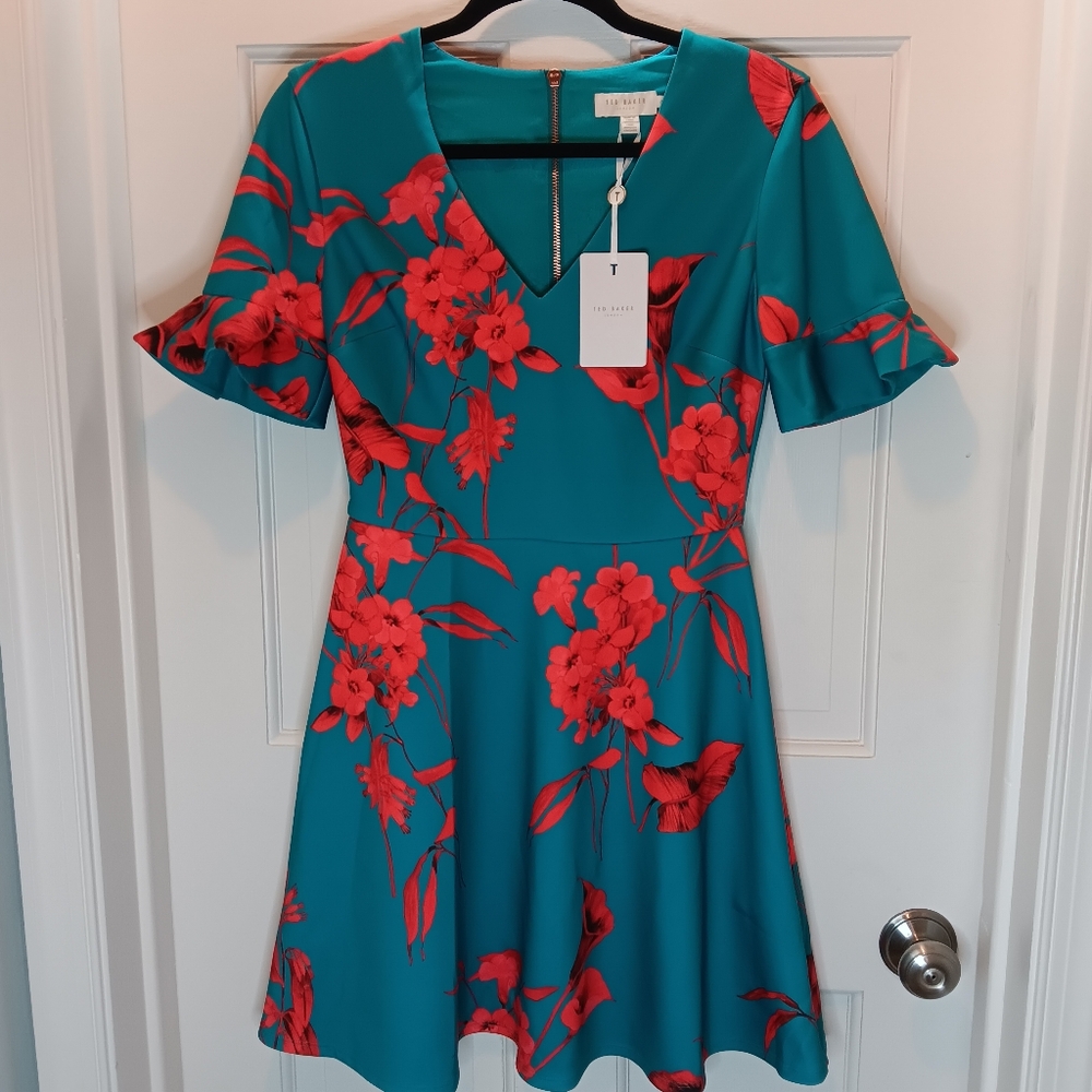 Ted Baker Fantasia V Neck Skater Dress Turquoise NWT Size 6